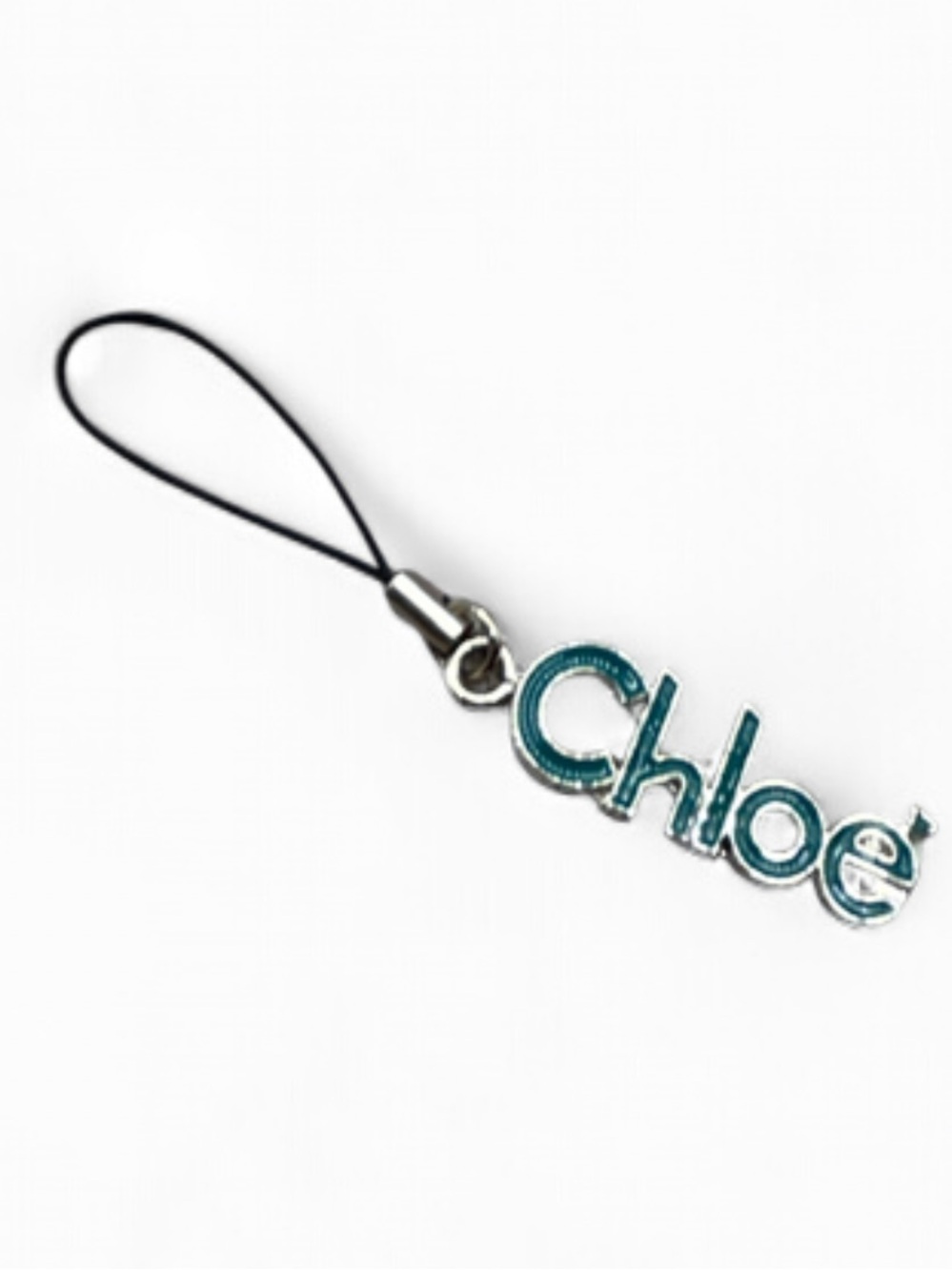 CHLOE Silver & Teal Blue Script Logo Phone / Bag Charm Excellent Condition